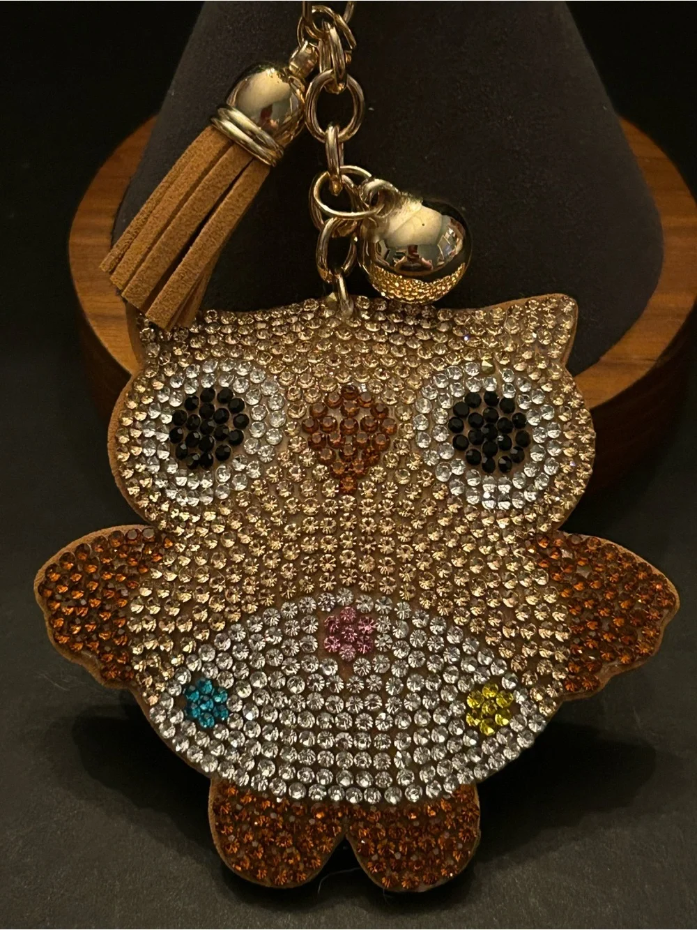 Gold Crystal Owl Bag Charm Keychain Key & Card Holder with Tassel & Clasps